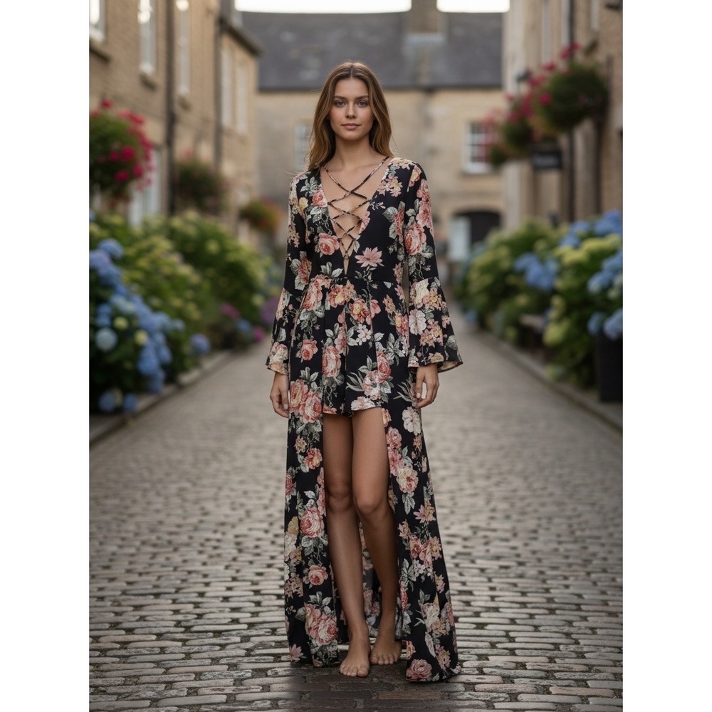 Haute Monde Womens Maxi Romper M Black Floral Lace Up Bell Sleeve Boho Festival